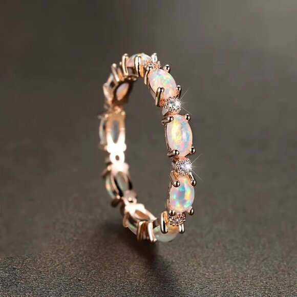 NEW 18k Rose Gold Opal Ring Band Dainty Eternity Ring Band - Picture 2 of 6